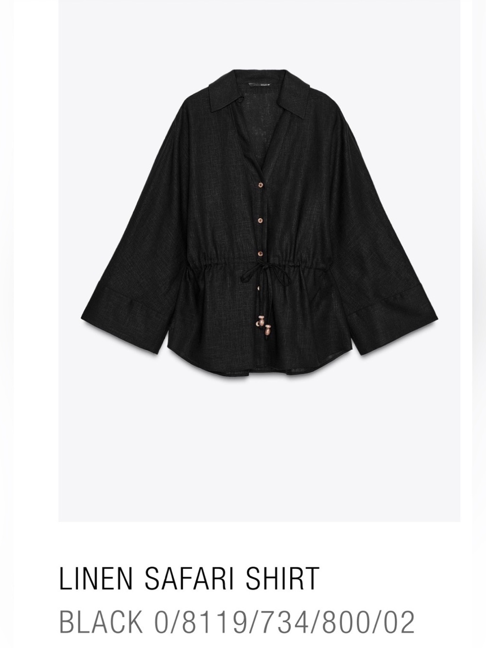 NWOT Zara Black Linen Drawstring Safari Shirt